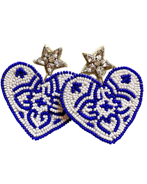 Blue and White Heart Earrings