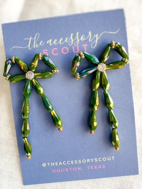 Crystal Bow Earrings - Green