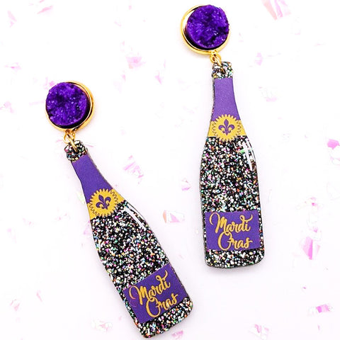 Scout Celebration Mardi Gras Sparkle Champagne Bottle Earrings
