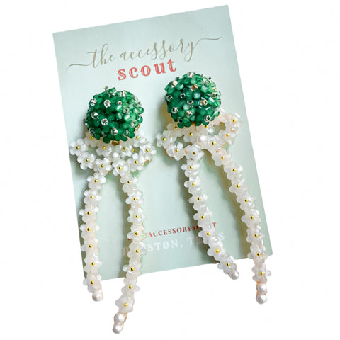 Natalie Bow Earrings - White with Green