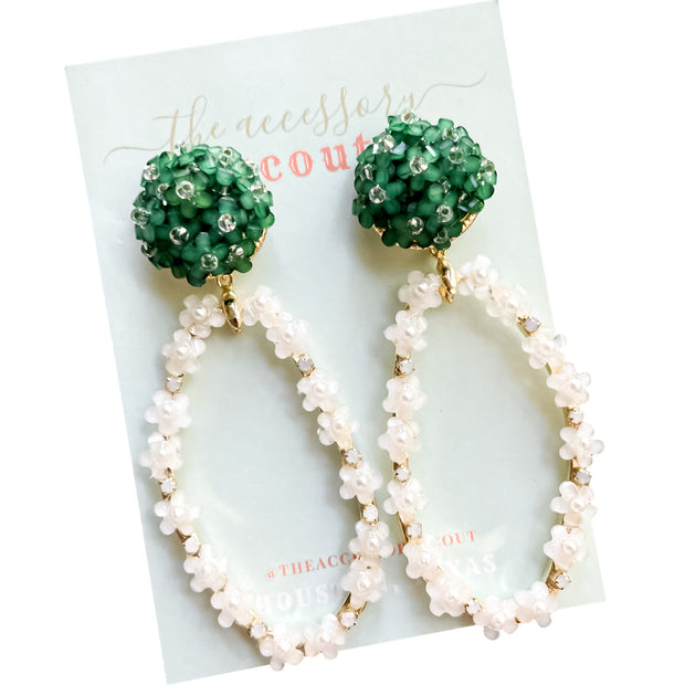 Haley Earrings White + Green Flower Top