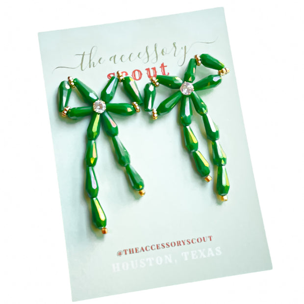 Crystal Bow Earrings - Green