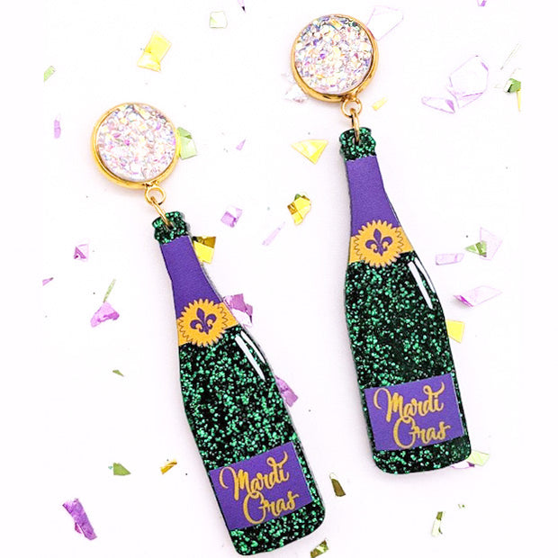 Scout Celebration Mardi Gras Champagne Green Bottle Earrings